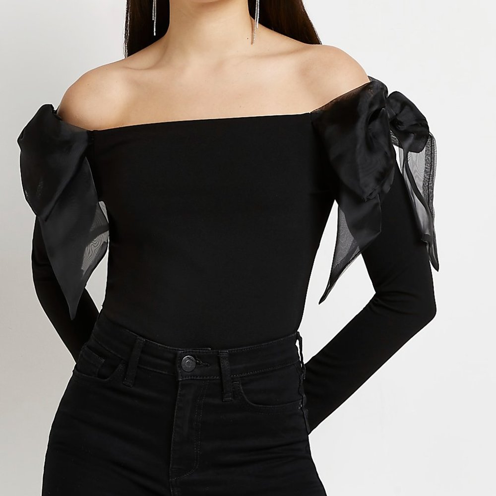 Black Organza Bow Bardot top, Size 2